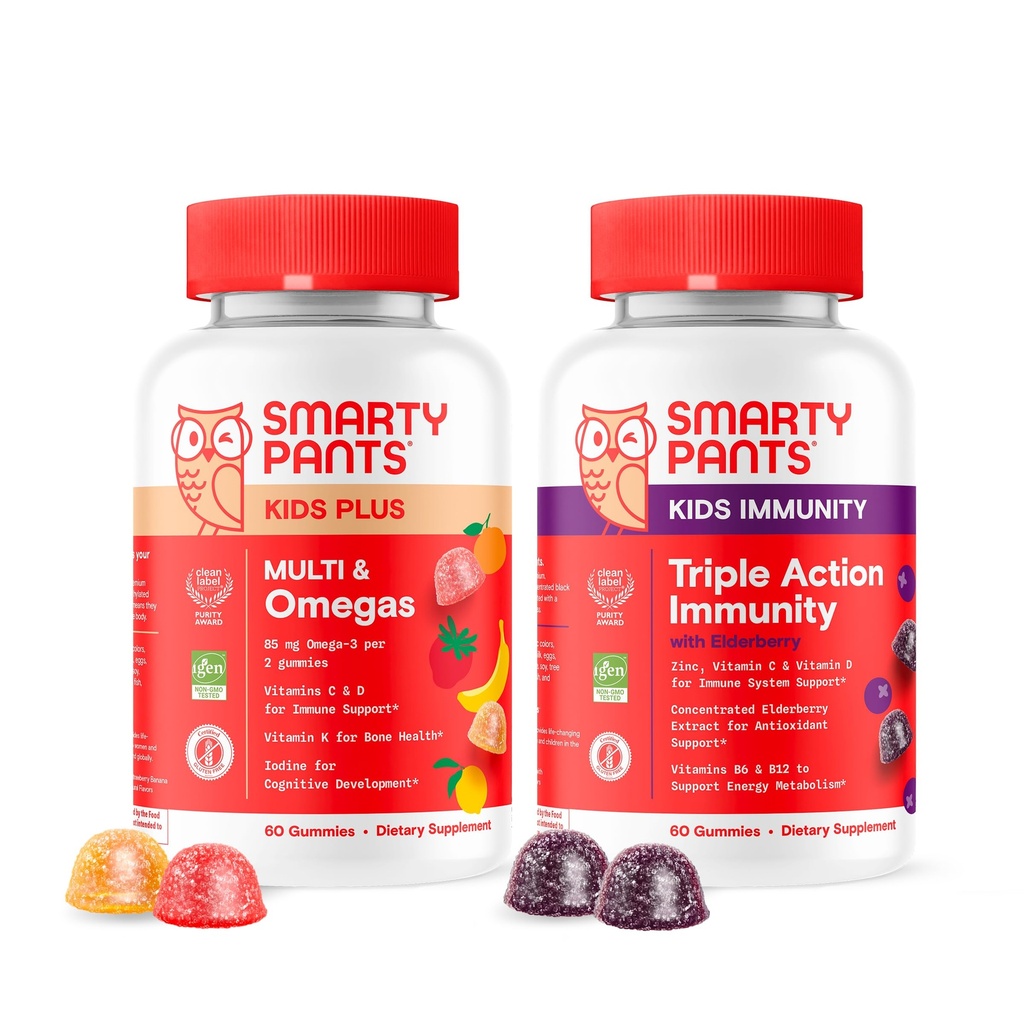SmartyPants Kids Multivitamin Gummies and Immunity Elderberry Gummies Bundle: Kids Multi com mais de 15 nutrientes diários & Elderberry Immune Suplemento de suporte, suprimentos de 30 dias