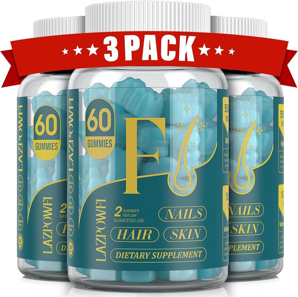 Biotin Gummies - Pele de cabelo e unhas Vitaminas para homens e mulheres, Vitamina Vegan B7, Suporta o crescimento do cabelo e unhas mais fortes, suprimentos de 90 dias - Blueberry-3 Pack