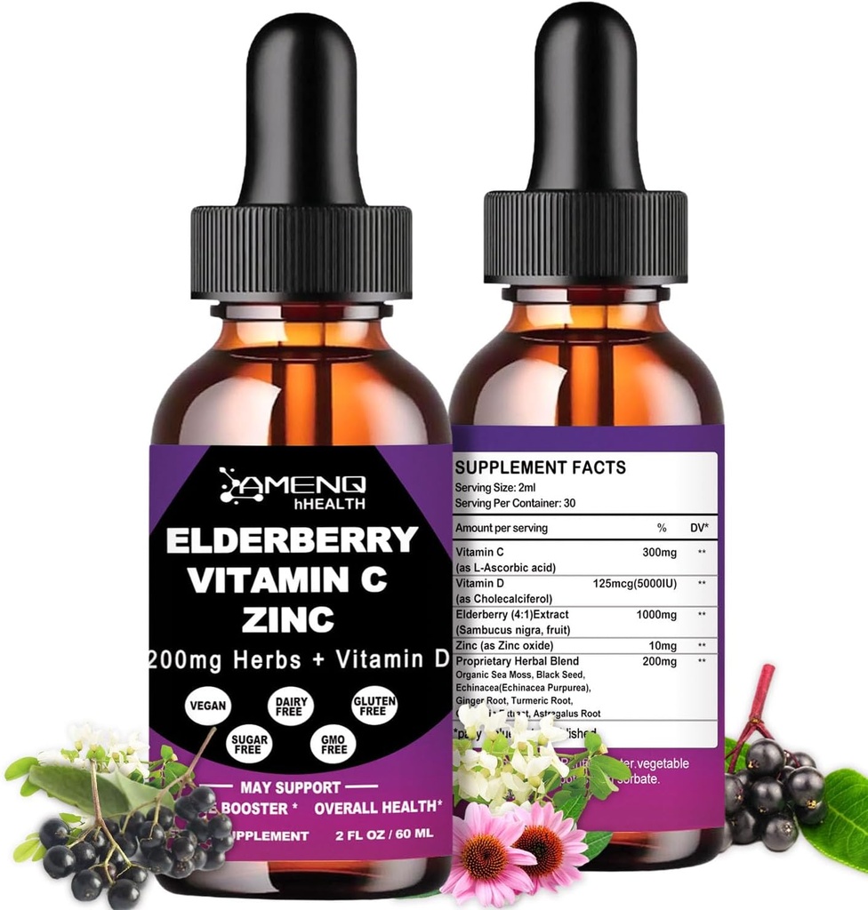 Xarope de elderberry orgânico, gotas líquidas Vitamina C de elderberry e zinco para adultos, 11-em-1 Sambucus Black Elderberry Tintura w/ Vitamina D3, Sea Moss Black Seed, Elderberry Immune Supplement