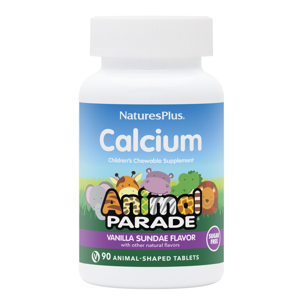 NaturalsPlus Animal Desfile Cálcio de crianças sem açúcar, Vanilla Sundae Flavor - 90 Mastigable Animal Shaped Tablets - Magnésio para a saúde óssea - Glúten Livre - 45 Servimentos