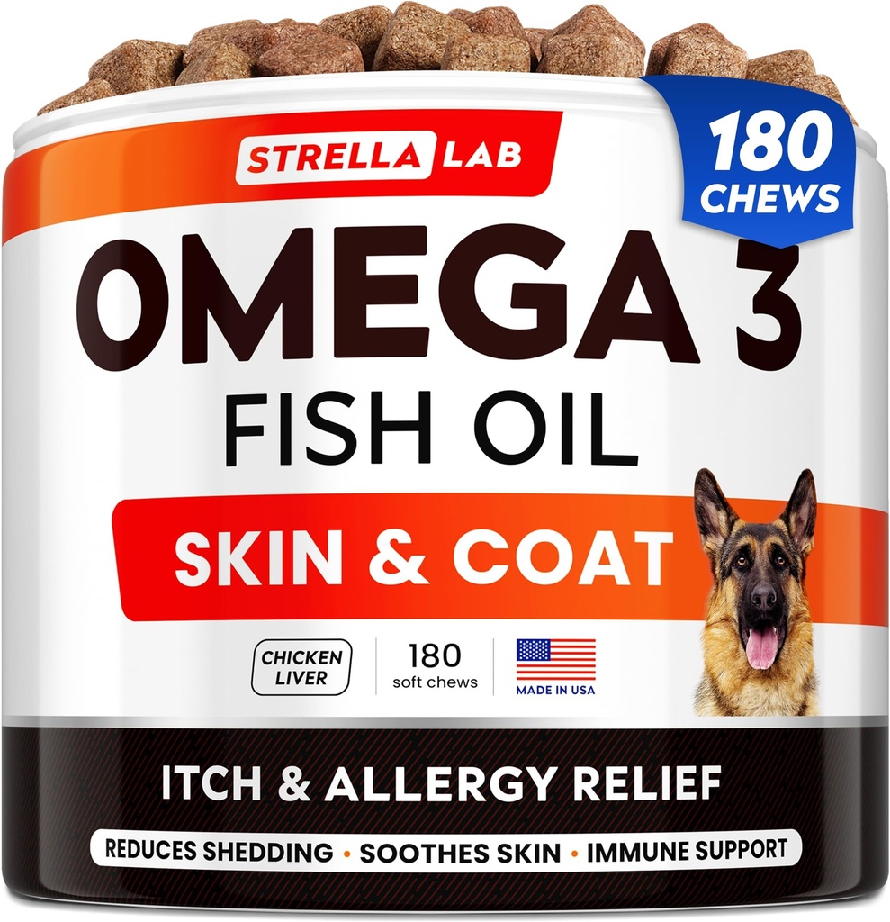 StrellaLab óleo de peixe Omega 3 Doces para cães (180 Doces) - Alergia & Itch alívio - Pele & casaco Suplemento - Saúde comum - Wild Alaskan óleo de salmão - derramamento, Itchy alívio da pele - Omega 3 6 9 - EPA&DHA