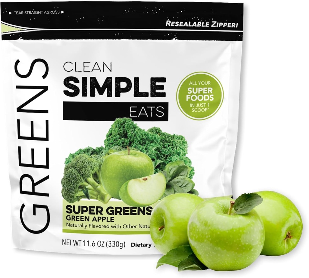 Limpo simples come Super Greens Pó, naturalmente sabor verde pó com chlorela, espirulina, superalimentos e fibra prebiótica, sem ingredientes artificiais, sem glúten, sabor de maçã verde, 30 Servings