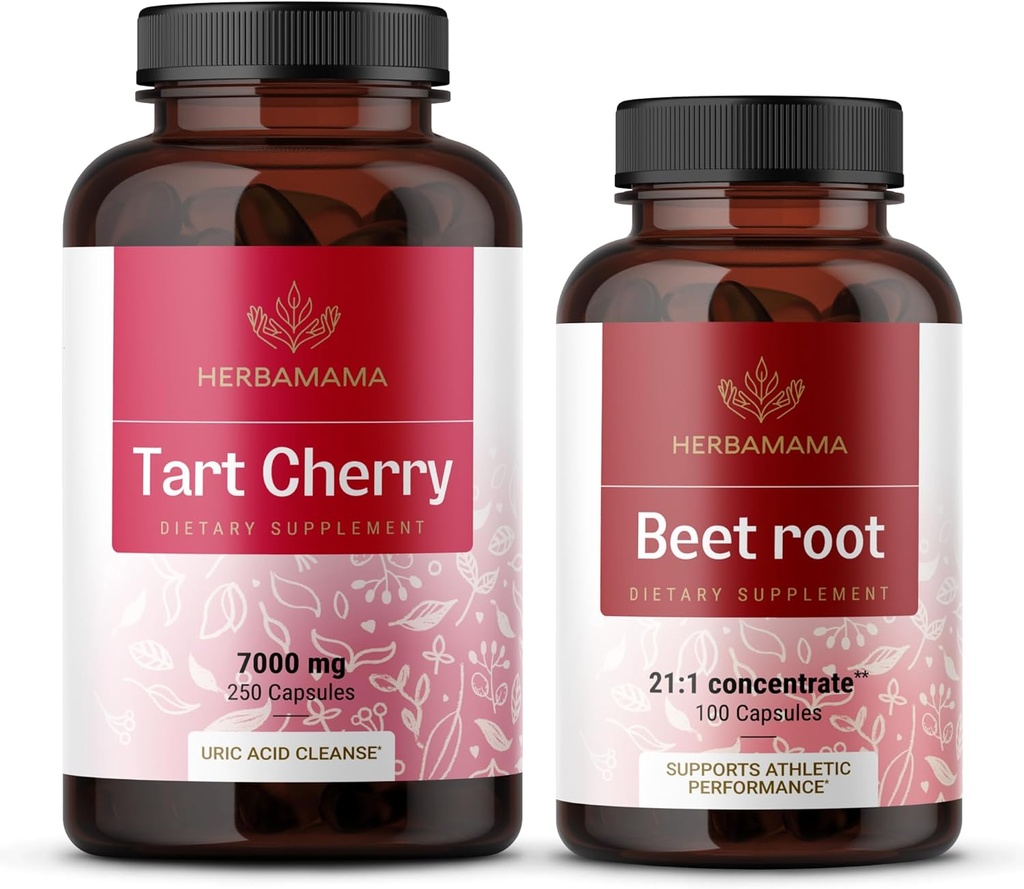 HERBAMA Tart Cherry and Beet Root Kit - Pacote de 7000 mg Tart Cherry & 21:1 Concentrate Beet Raíz Cápsulas - Vegan, Não-GMO, Gelatina-Free - 2 Pack