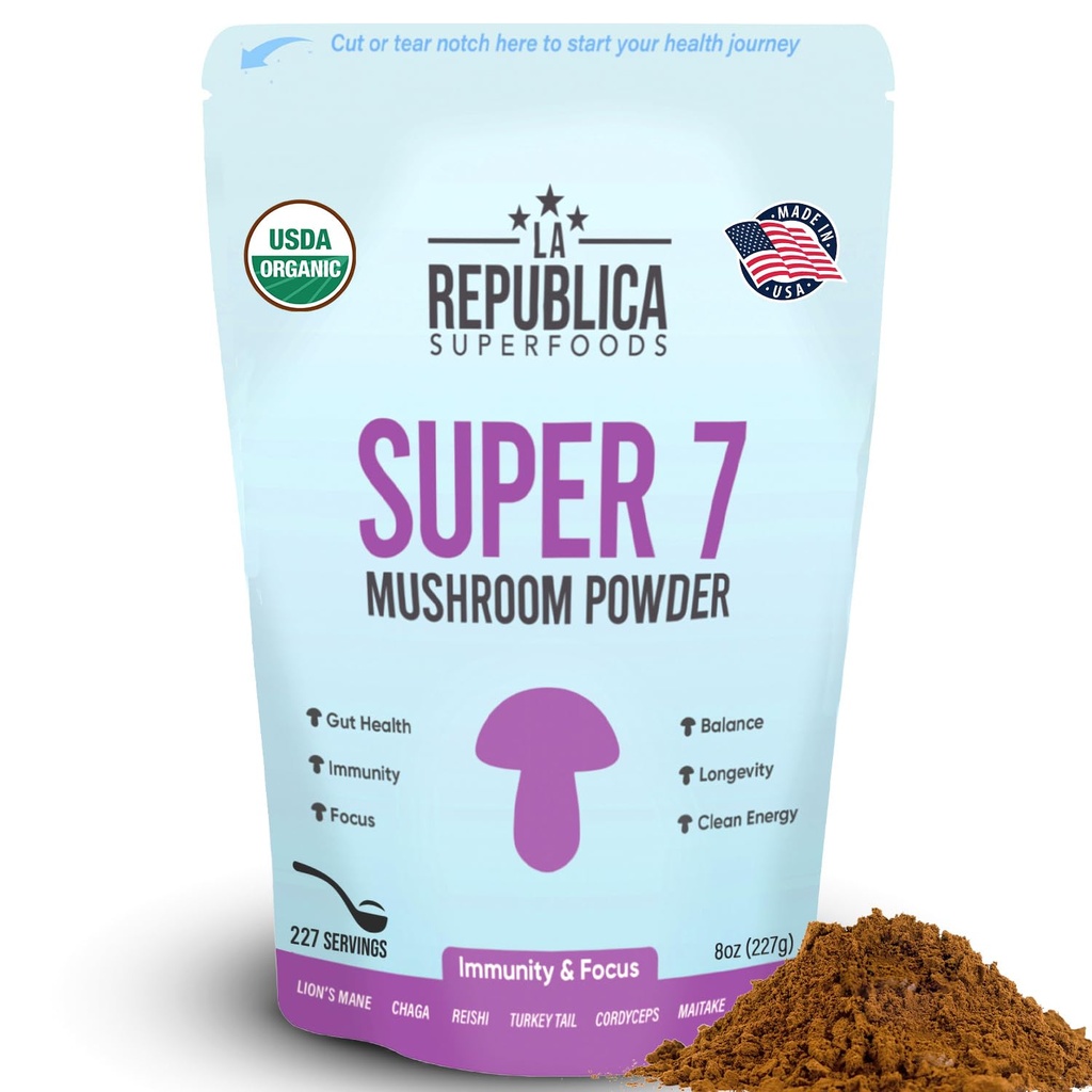 La Republica Superfood Super 7 Mushroom Extract Powder, Inclui Mane de Leão, Reishi, Chaga, Cordyceps, Shiitake, Maitake e Turkey Tail (8 onças)