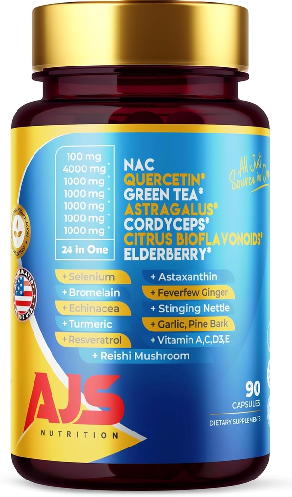 AJS Quercetin 4000mg com Nac Green Tea Cordycepscitrus Elderberry Selenium Bromelain Echinacea Turmeric Resveratrol Astaxantina Feverfew Ginger Reishi Mushroom 90 Caps 20 em 1