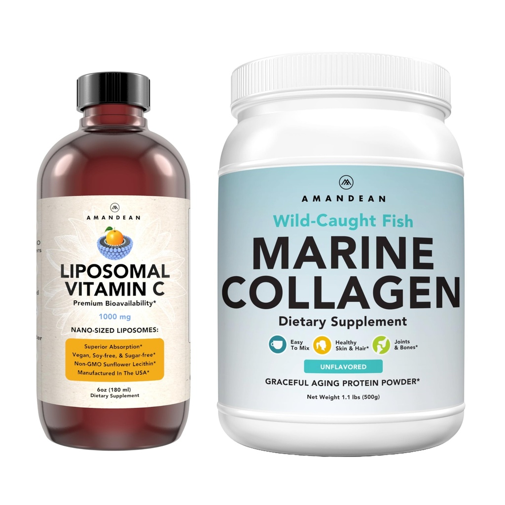 Marine Collagen Powder + Vitamin C - Perfect Skin from Within Combo. Wild-Caught Cod Fish Peptides, Liposomal VIT C Liquid 1000mg. Boost Production and Synthesis for Healthy Aging, Beauty, Wellness.