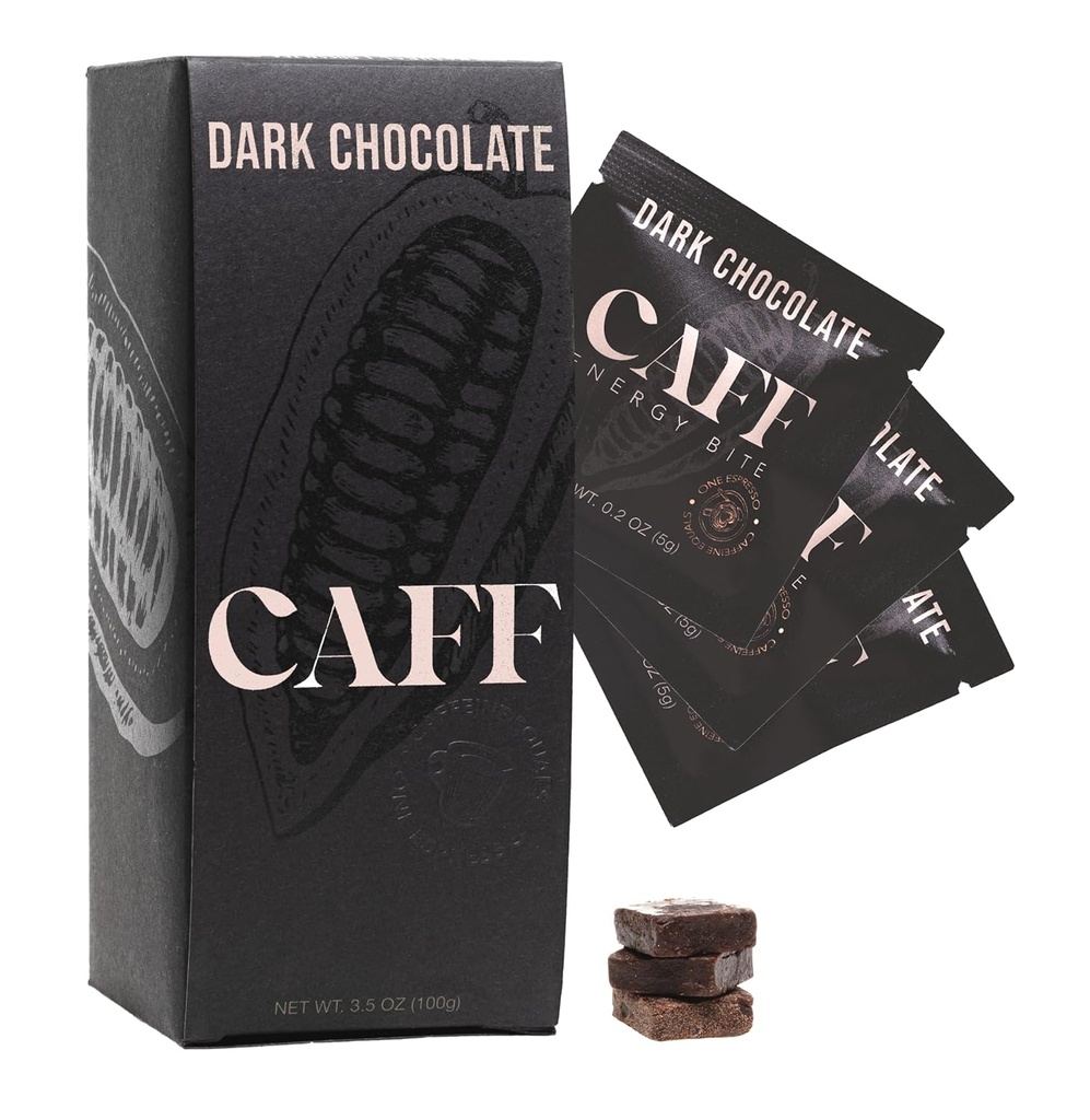 CAFF Todas as Mordidas de Energia Natural - Chocolate Cafeinado Mastigado para Boost Energia - Sem Açúcar Adicionado - 65mg Barras de Chocolate Cafeína – 15 Calorie Organic Caffeine Snacks - Vegan, Gluten-Free, Keto (20 Mordidas)