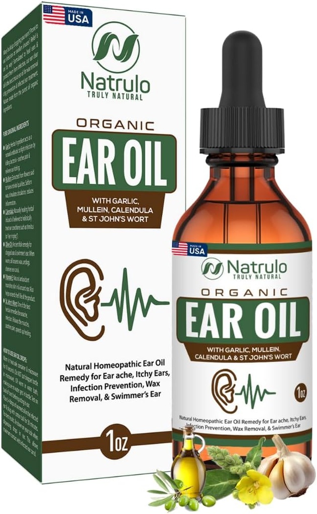 Óleo Orgânico de Orelha para Infecção Orelha - Eardrops Natural para Dor Orelha, Remoção de Ouvido e Cera de Nadador - Crianças, Adultos, Bebê, & Dog Earache Remedy - Gotas Orelha com Mullein, Alho, Calendula Made in USA