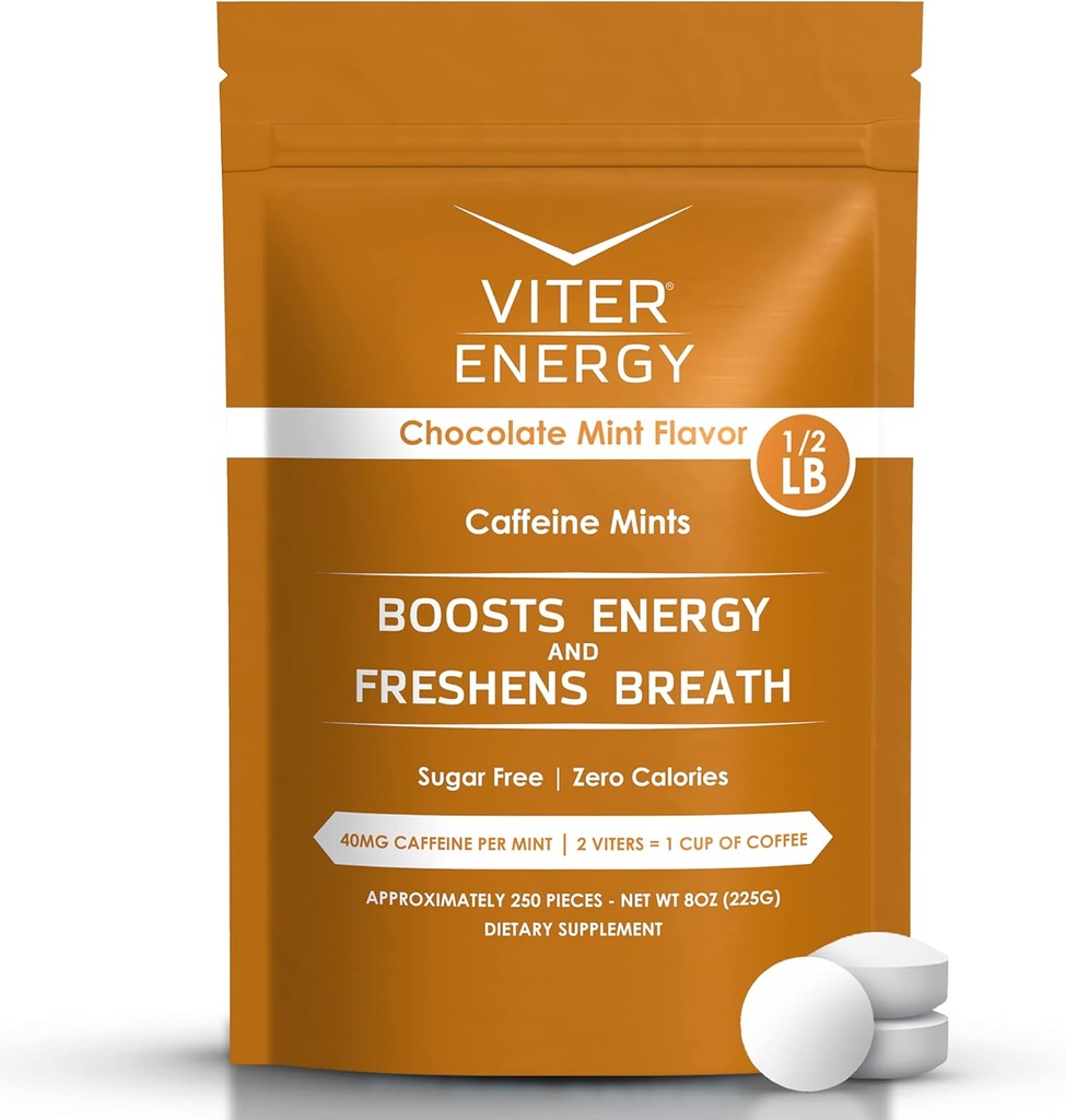 Viter Energy 40mg Caffeine Mints - Açúcar livre, B Vitaminas, Vegan, Boosts alerta rápido energizado foco, comprimidos nootrópicos cafeínado Suplemento (Chocolate sabor de hortelã, 8 oz, Bolsa em massa)
