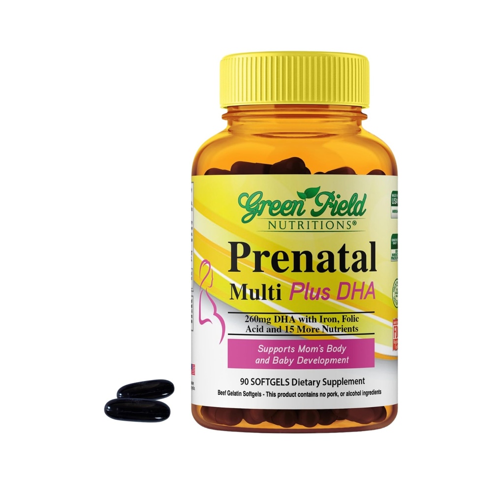 Greenfield Nutrições Halal Vitaminas pré-natais com DHA e ácido fólico - gravidez pré-natal essencial multivitamina com ferro - contém 17 vitaminas para a mãe para ser - fácil de engolir 90 líquidos Softgels