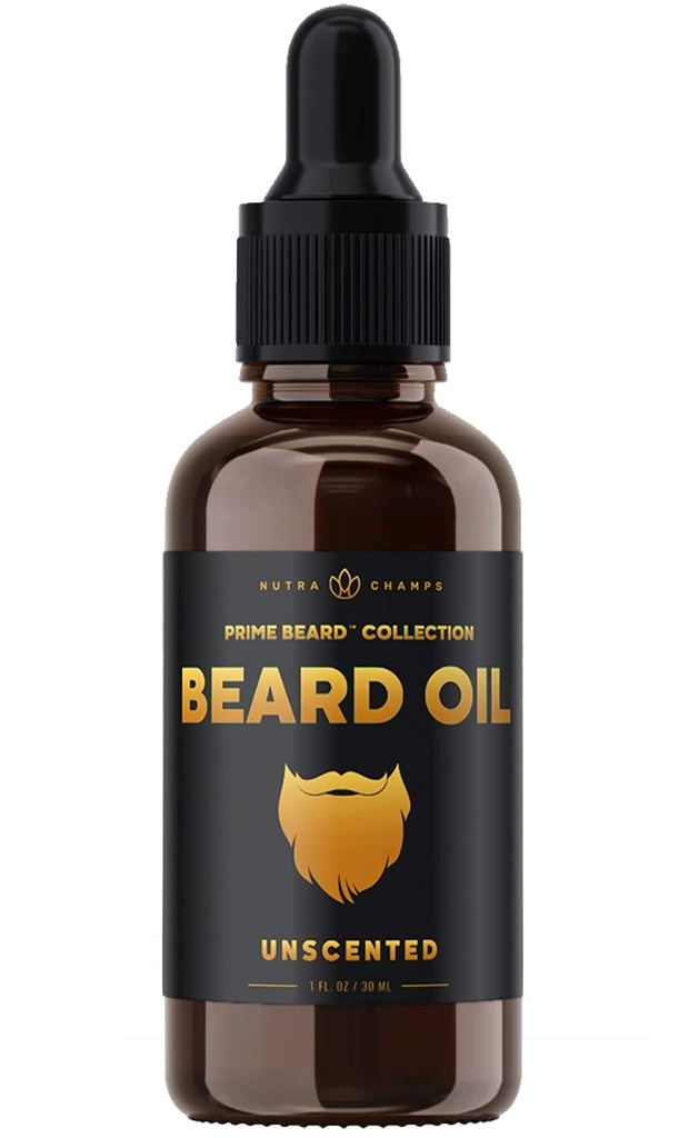 NutraChamps Beard Oil Conditioner - virgem não perfumada Argan, Jojoba, Óleos de semente de uva e mais para o crescimento de barba - amacia e fortalece barbas e bigodes para homens - Premium assinatura Prime Beard Blend