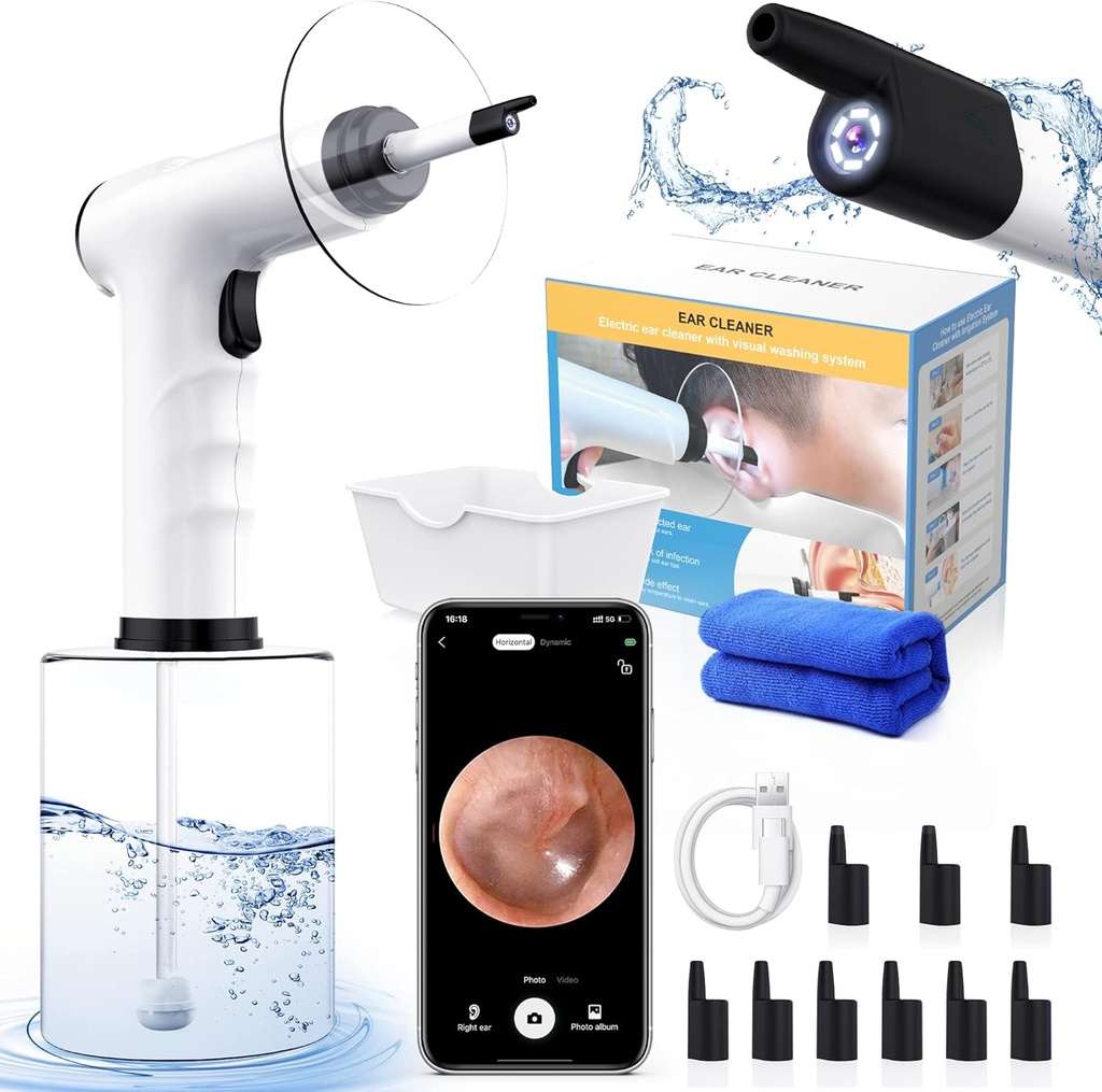 Remoção de cera de ouvido, Kit de limpeza de ouvido, Limpador de ouvido alimentado a água com 3 modos de pressão 12 Dicas de substituição, Sistema de lavagem de irrigação de ouvido, Ferramenta de remoção de cera de ouvido segura e eficaz (preto)