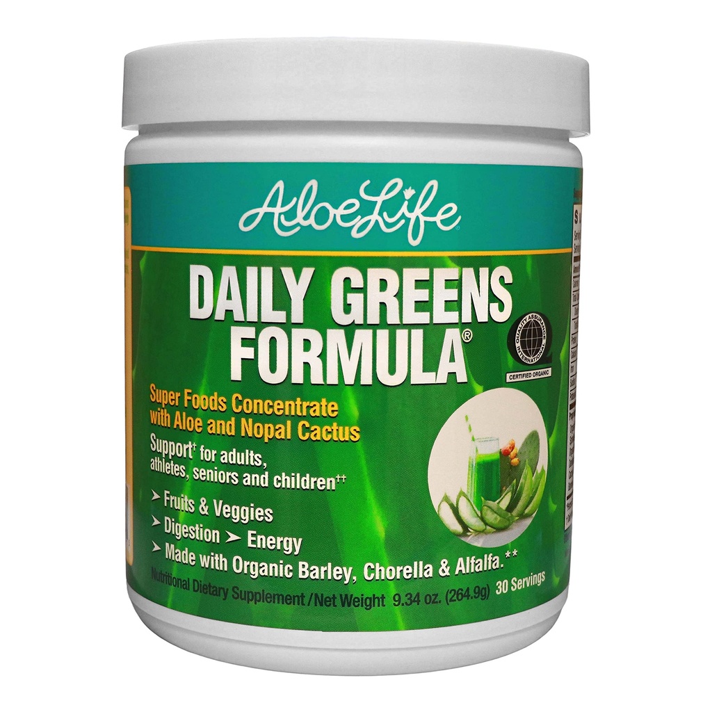 Aloe Life - Pó de Verdes Diários, QAI-certificado suplemento de saúde orgânica, antioxidantes, 21 frutas, legumes, & ervas incluindo Aloe & Nopal Cactus, baixa calorias, Keto-Friendly, sem glúten (30 Servões)