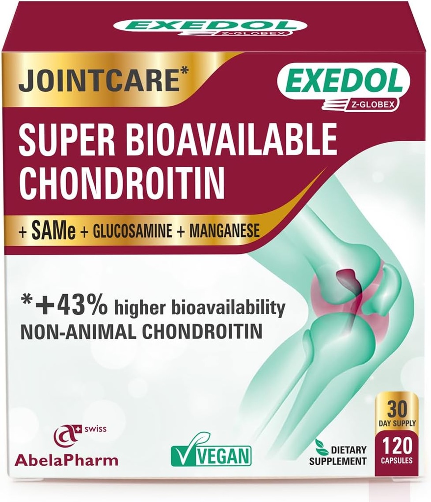 Exedol Biodisponível Glucosamina Condroitin, Vegan suplemento de apoio conjunto para a função conjunta melhorada, Cartilagem de saúde, tecido conjuntivo e saúde óssea - 120 cápsulas