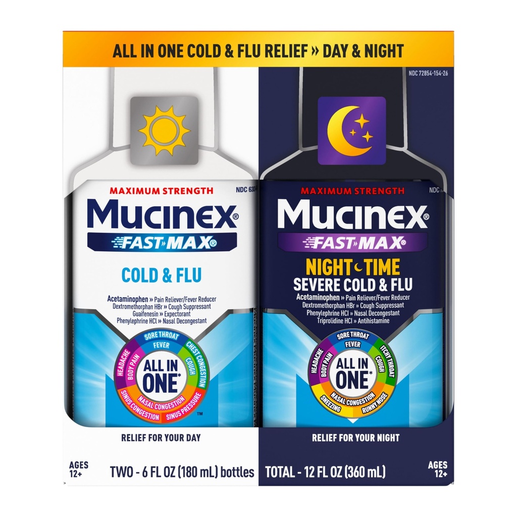 Mucinex Fast-Max Cold and Flu & Nightshift Medicine for Adults, Over-The-Counter Medication Combo Pack for Sore Garganta Alivio, Descongestionante, Tosse & Medicina Frio (2 x 6 Fl Oz)