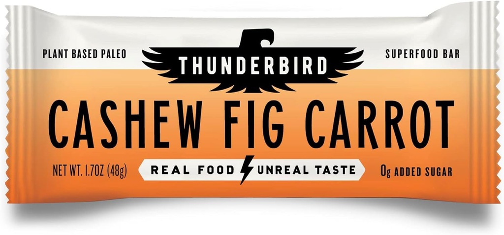 Thunderbird Bares Lanche de energia, Sem glúten com proteína, Comida real saudável, Vegan Paleo Non-GMO, Sem açúcar adicionado, Caju Fig Sabor de cenoura (12 Contagem, 1,7 oz. Bares)