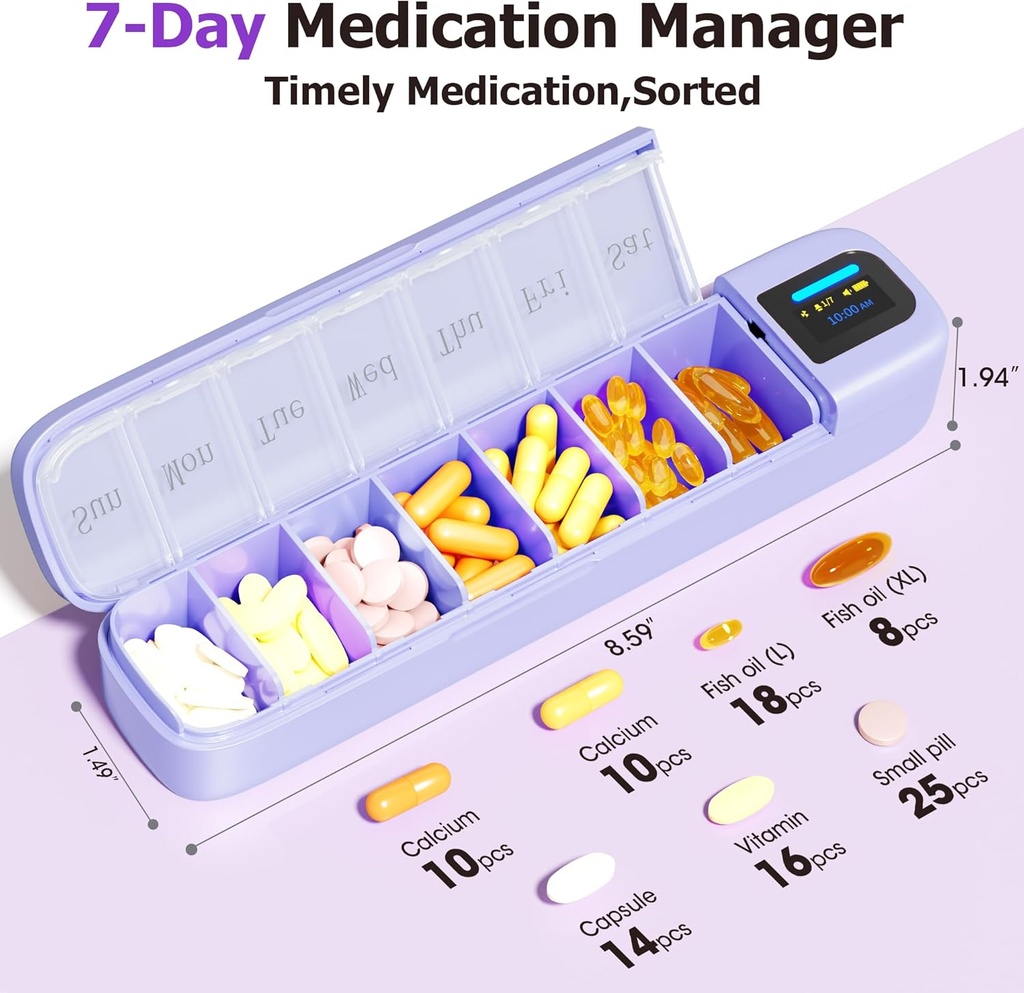 Daviky Smart Pill Organizer com alarme, Bluetooth diariamente uma vez por dia caixa de pílulas 7 dias com APP, caso de pílulas de viagem semanal, lembrete de pílulas portáteis para medicamentos, suplementos e vitaminas (Purple)