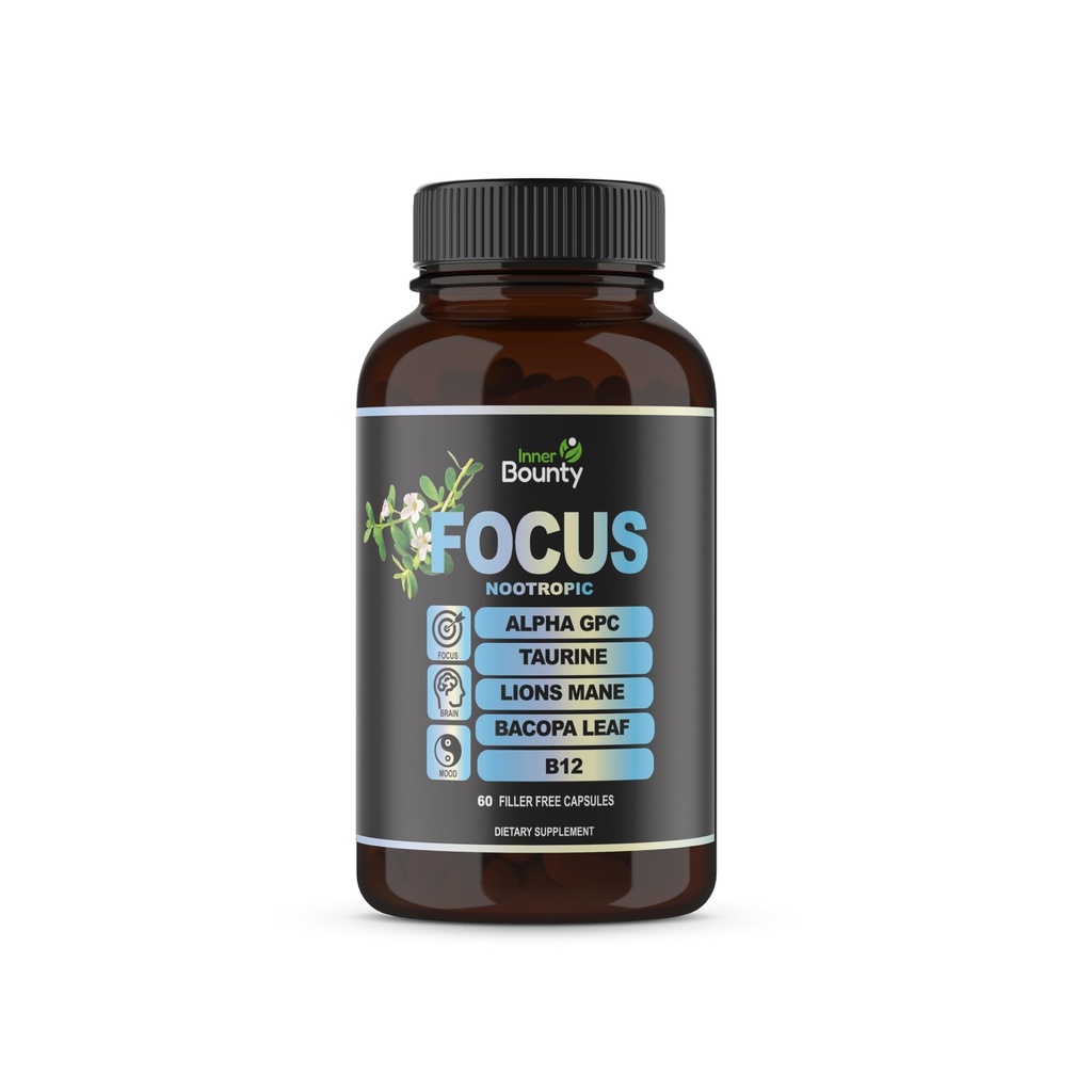 Foco 14-in-1 Nootropic Brain Supplement with Lions Mane, Alpha GPC Choline, Vitamina C & B12, Taurina, Bacopa - Energia, Cognitivo, Suporte à Memória, 60 cápsulas grátis de enchimento