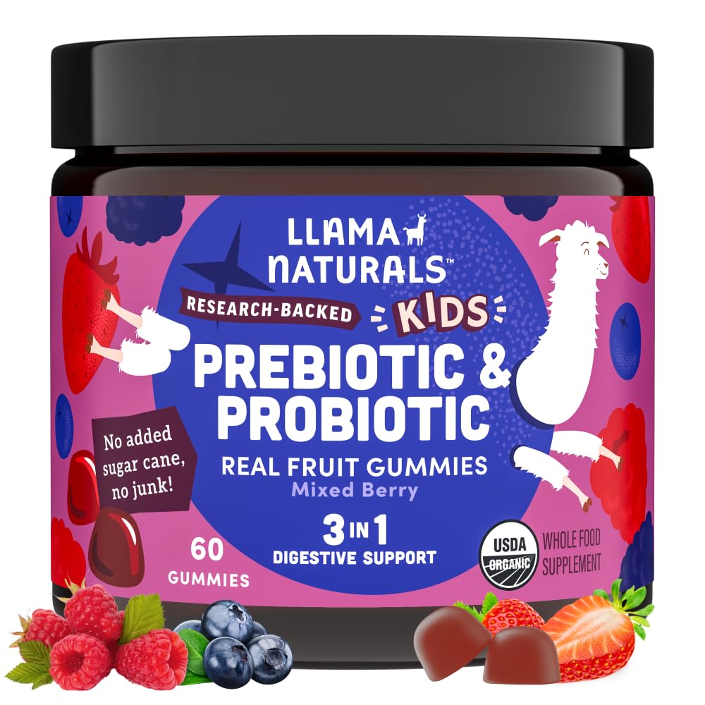 Llama Naturals Crianças Probiótico com Fibra Prebiótica, Vegan, Prebióticos Orgânicos e Probióticos Gummies para Gut Health Support, Toddler verdadeira frutas vitaminas Gummy, Não adicionado cana de açúcar, Berry misto, 60 Ct