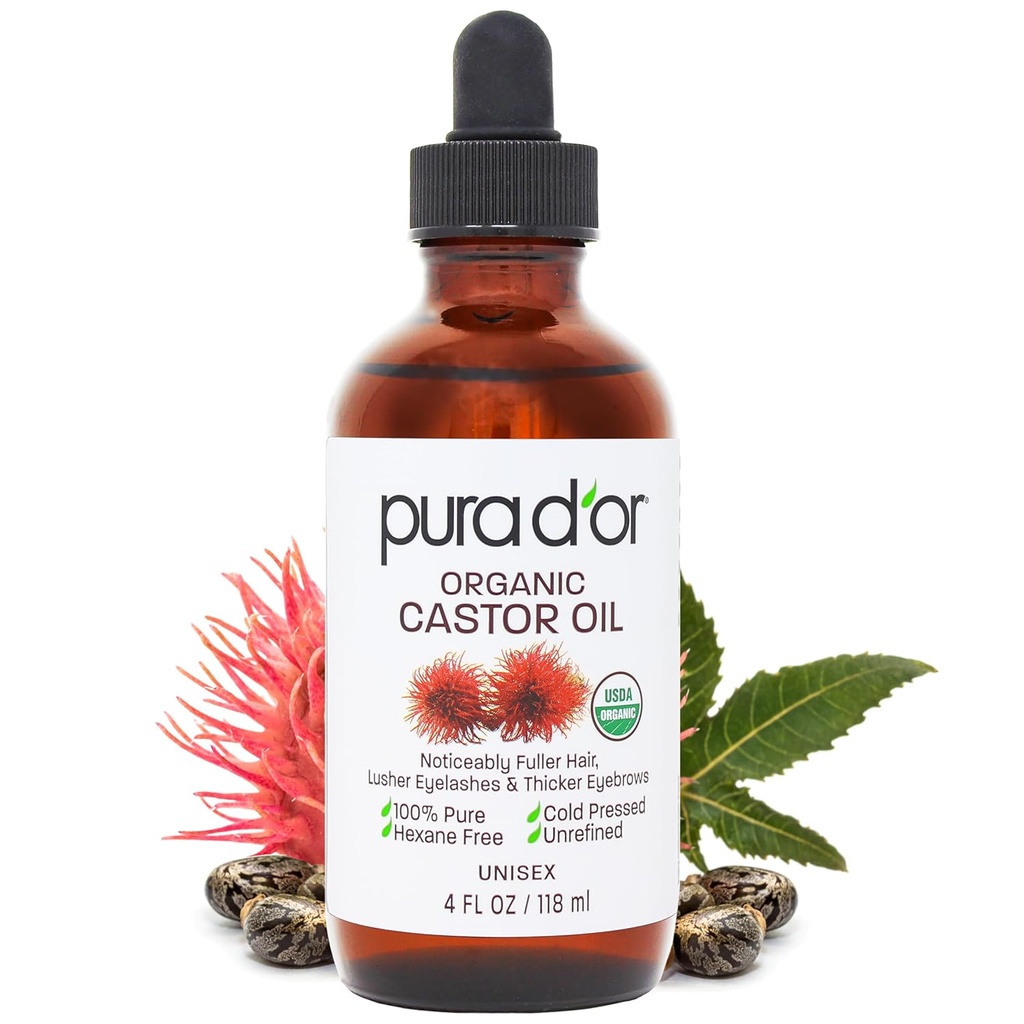 PURA D'OR 4 Oz ORGANIC Óleo de rícino - 100% Puro USDA Certified Cold Pressed, Hexane Free Eyelash & Serum Sobrancelha - Para Fuller, Thicker Lashes & Brows - Pele & Cabelo