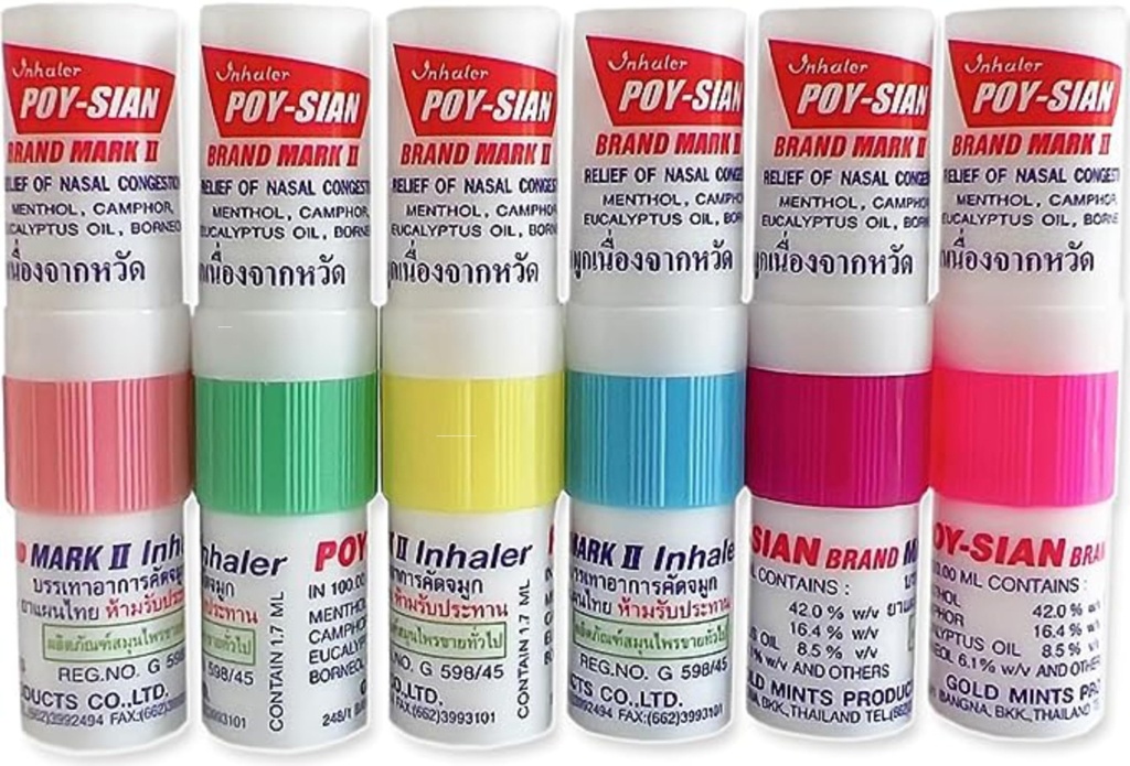 POY-SIAN Mark II Menthol Aromaterapia Inalador nasal, Remédio de ervas naturais com óleo essencial de refrigeração Poysian (Pacote de 6)