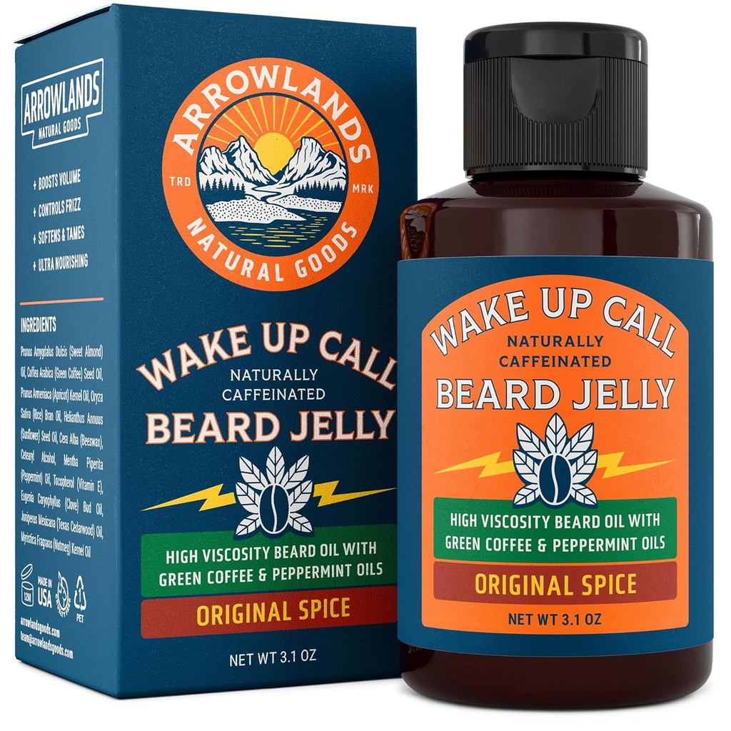 Wake Up Call Beard Jelly - Óleo de crescimento de barba de cafeína com óleo de café verde virgem e hortelã, Espessura Natural e Hidratante (3,1 oz, Especiaria Original)