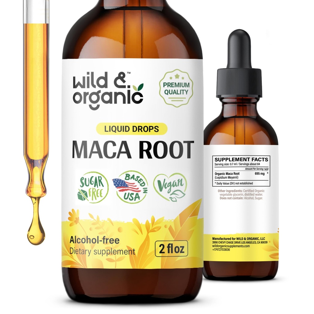 Wild & Organic Maca Root Drops para Mulheres & Homens - Mood, Foco, Estilo de vida ativo - Suplemento Maca peruano - Vegan, Açúcar & Tintura sem álcool - 2 fl oz