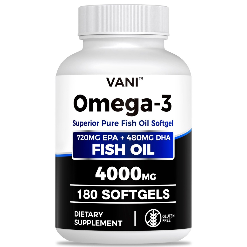 Óleo de peixe Omega 3 (4000mg), 180 Softgels, Omega 3 Fatty Acid Supplements com EPA & DHA para a saúde do cérebro e coração *