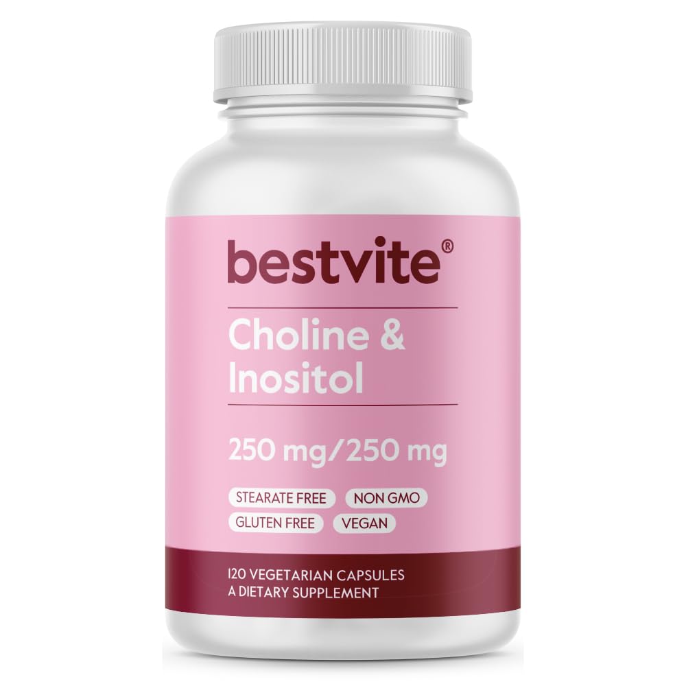 BESTVITE Choline Inositol 500mg (120 Cápsulas vegetarianas) - Sem Stearates - Sem preenchimentos - Sem Fosfato de Dicálcio - Vegan - Não GMO - Glúten Grátis