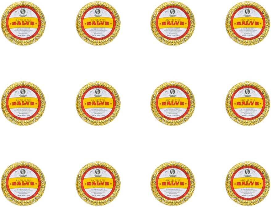 Rawleigh Antiseptic Salve Iconic Big Tin Amarelo: 4,5 onças, Multi-Purpose Pomada Acalma Cortes, Contusões, Irritações, com Turpentina, Fenol, Óleo de Algodão & Parafina, Fórmula original - Pacote de 12
