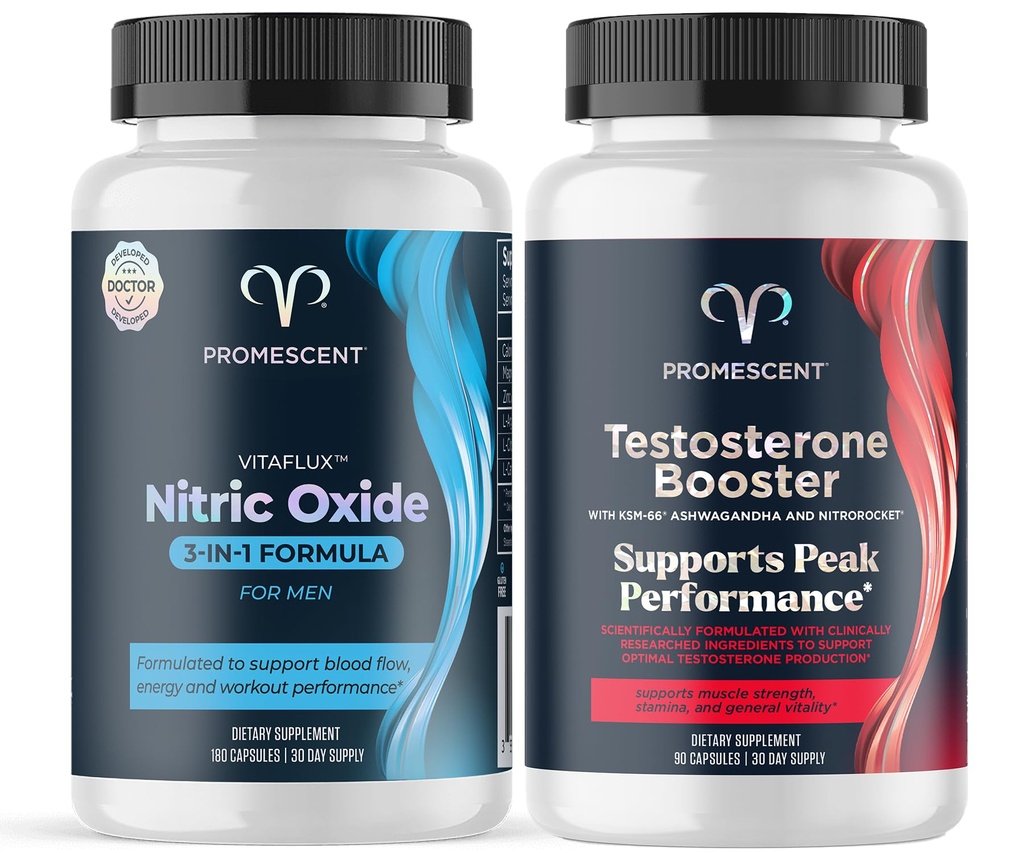 Promescent VitaFLUX Nitric Oxide Supplement, L Arginina l Quality Citrulina Supplements for Men + Testosterona Booster for Men Supplement w/Tongkat Ali (LongJack), KSM-66 Ashwagandha