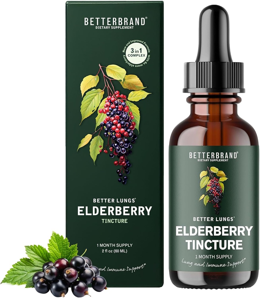 Betterbrand BetterLungs Elderberry Tintura Suplemento dietético - Todos naturais sem açúcar não-GMO Vegetariano para o inverno Imune Suporte (30 dias)