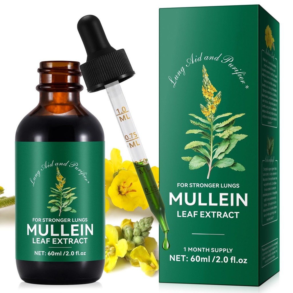 Mullein Leaf Extract Drops-Organic Liquid Mullein Extract Supplement for Lungs Health - Vegan, No AditivesBronchial Cleanse for Health Support