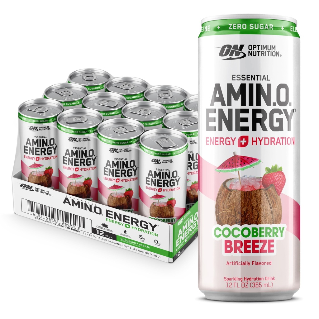 Optimum Nutrition Amino Energy Sparkling Hydration Drink, Eletrolitos, Cafeína, Aminoácidos, BCAAs, Açúcar Livre, Cocoberry Breeze, 12 Fl Oz, 12 Pack (Packaging May Vary)