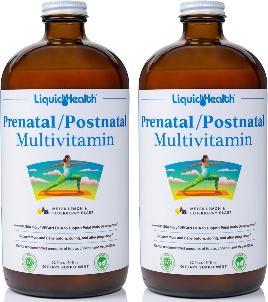 LIQUIDHEALTH Pré-Natal/Pós-Natal Múltiplos Líquidos Múltiplos Múltiplos Múltiplos Múltiplos Múltiplos Mútuos com Folato Real - Vitaminas Pré- e Pós-Natais para Antes, Durante, Depois da Gravidez - Made in USA, Vegan, Livre de Açúcar, Não-GMO (2 Pack)