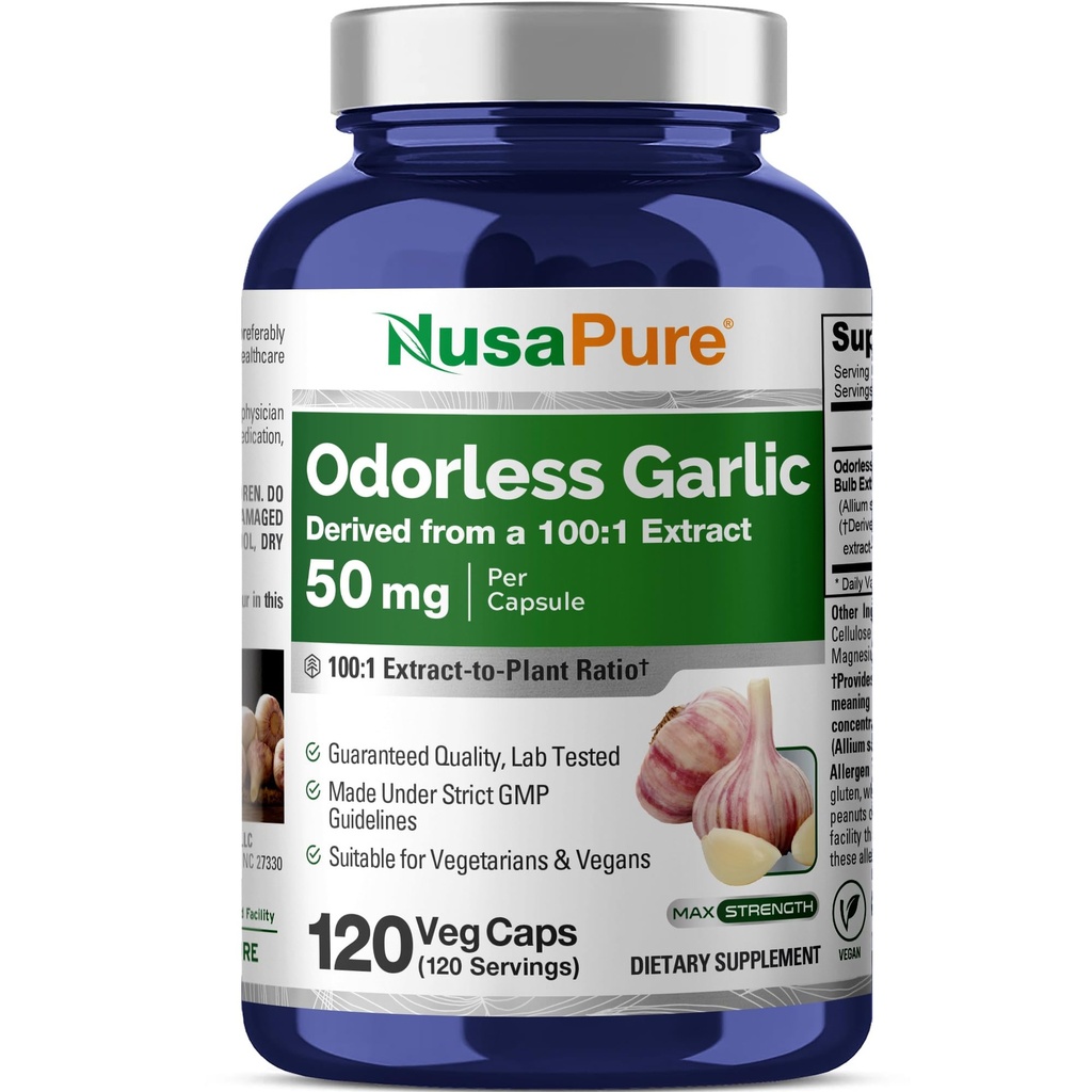 NusaPure Odorless Alho 100:1 Extracto, 50 mg Equivalente a 5000mg Cápsula       , 120 Veggie Caps , alta potência , Suplemento de ervas , , Não-GMO