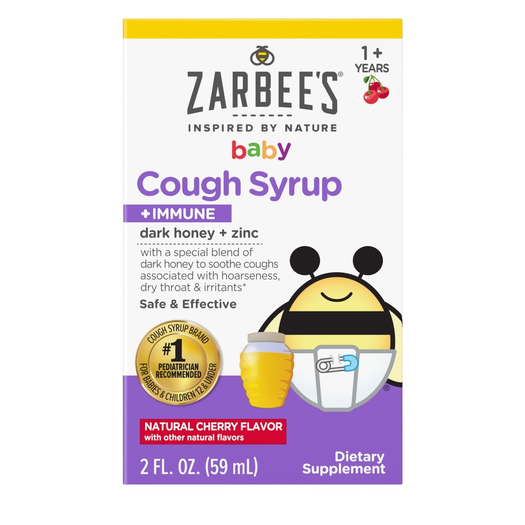Xarope de mel do bebê de Zarbee + Imune para bebês 12-24 meses, Xarope de tosse seguro e eficaz com calmante mel escuro e zinco para apoio imunológico *, Droga e álcool livre, cereja, 2 fl. oz