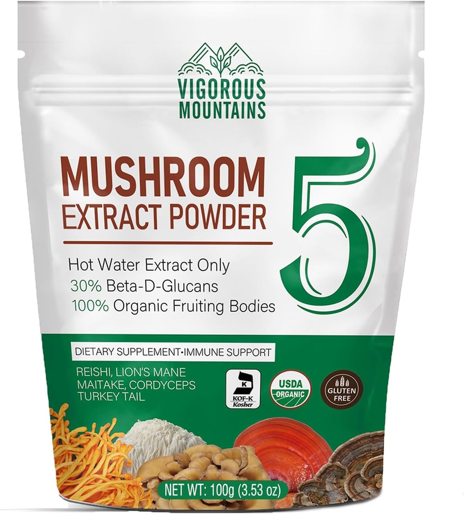 MONTANHAS VIGÓRIAS Suplemento em pó de cogumelos orgânicos - USDA Certified, Lions Mane & Reishi para suporte imunológico, Cérebro Focus, Vegan, Misturas Instantaneamente em café e smoothies (100g)