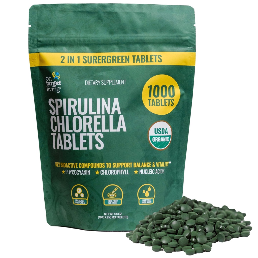 Sobre o alvo vida espirulina orgânica chlorela ou super-verdes , USDA orgânico , 1000 comprimidos - 250 G (8.8 oz) , Vegan , Immune Suporte , Alkalyzing , Nutrient Dense , Densa proteína