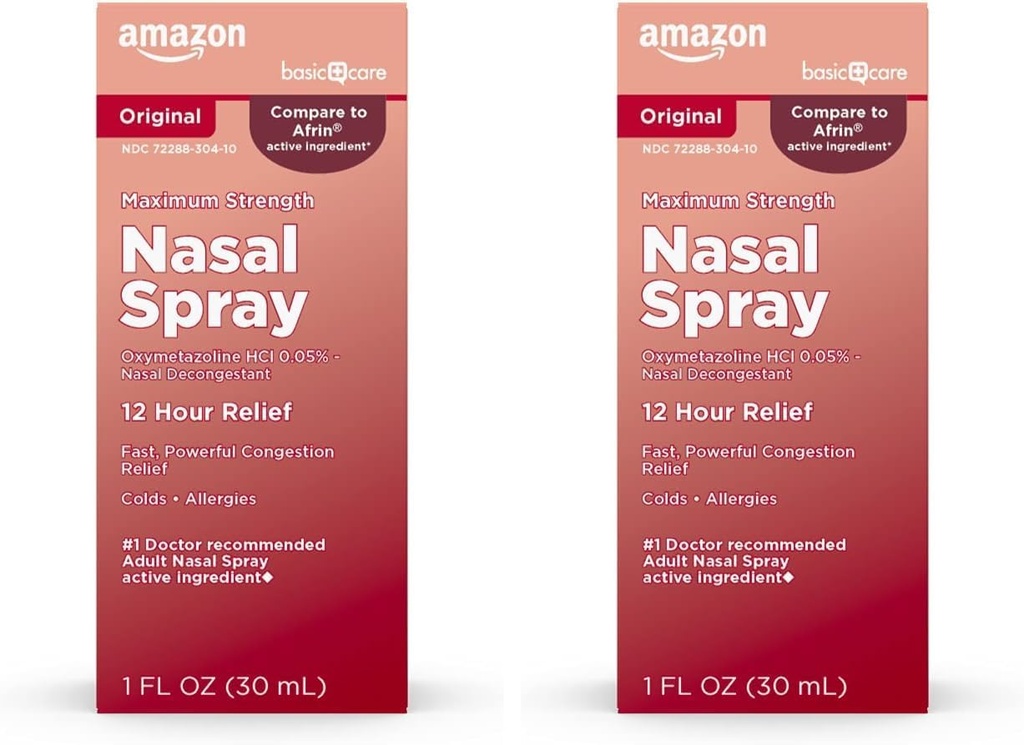 Cuidados Básicos Força máxima 12 horas Spray nasal, solução de HCl oximetazolina, alívio de congestão, medicina fria e alergia, descongestionante, 1 Fl Oz (Pacote de 2)
