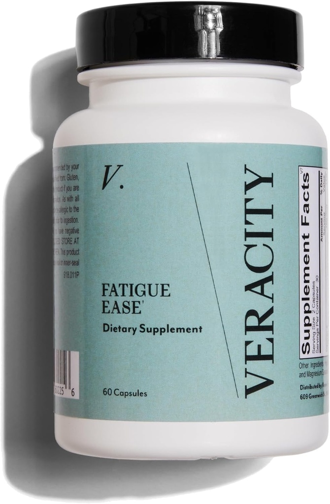 Veracity Fatigue Ease Suplemento de Suporte Adrenal para Resiliência ao Stress, Cortisol saudável & Energia - Mistura Adaptogênica de Ashwagandha, Schisandra Berry, Alcaçuz & Rhodiola – 100% Natural - 60 Cápsulas