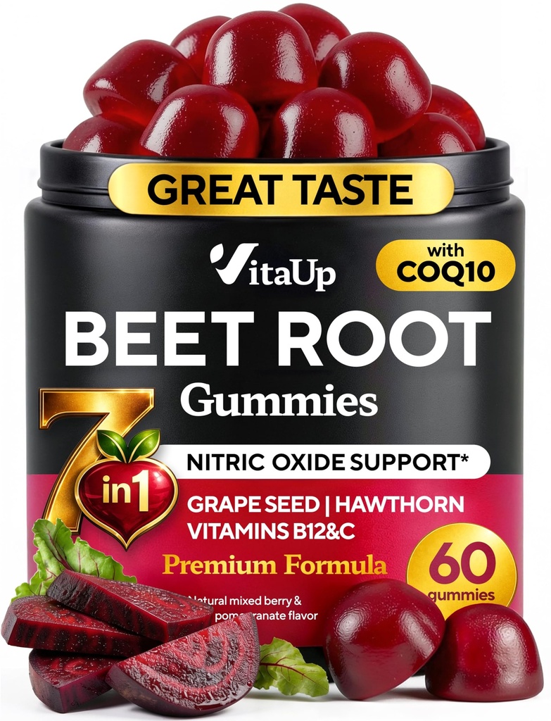 Beterraba Gummies – Beterrabas Gummies – Suplementos de beterraba vermelha com beterraba, Sementes de uva, Coq10, Vitamina C & B12 – 60 Mastigações de beterraba