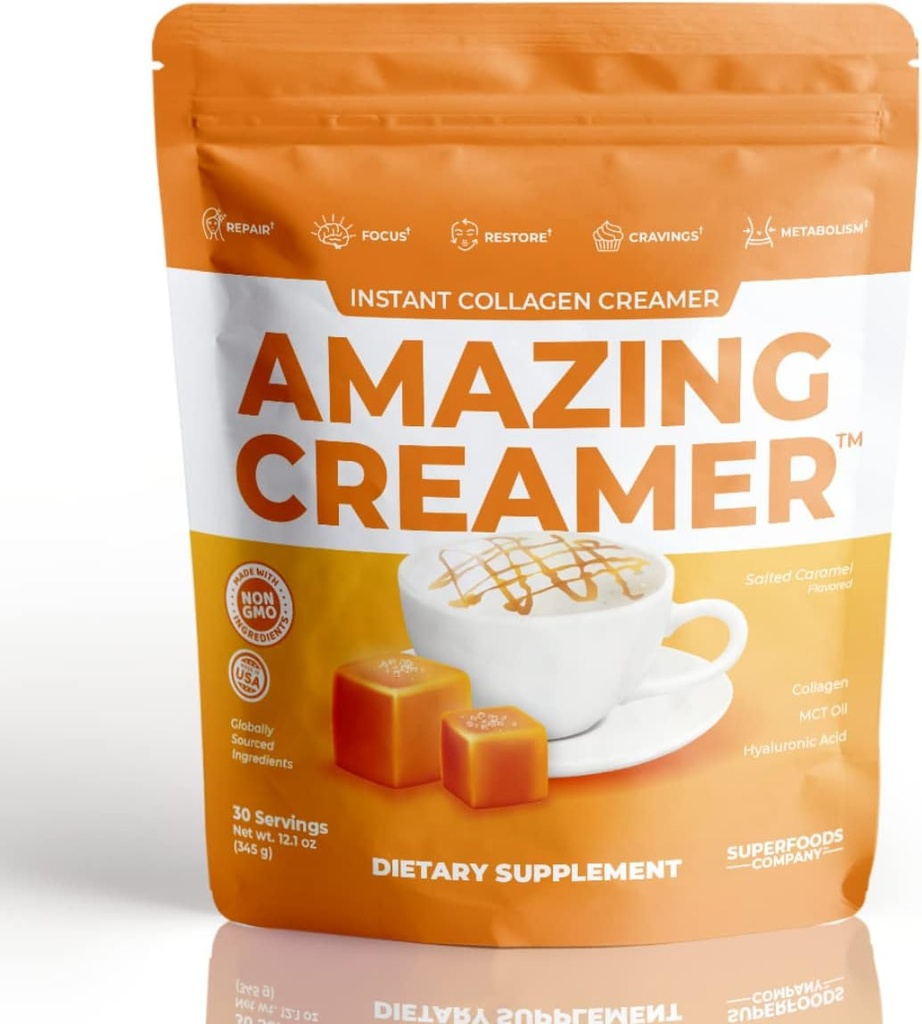 Superalimentos Empresa Creamer incrível com colagénio - Keto Creamer-Hyaluronic Acid & MCT Oil - Brain Boost & Curbs Cravings - Suporta pele saudável & cabelo - Diet-Friendy [30 Servings] [Carmel salgado]