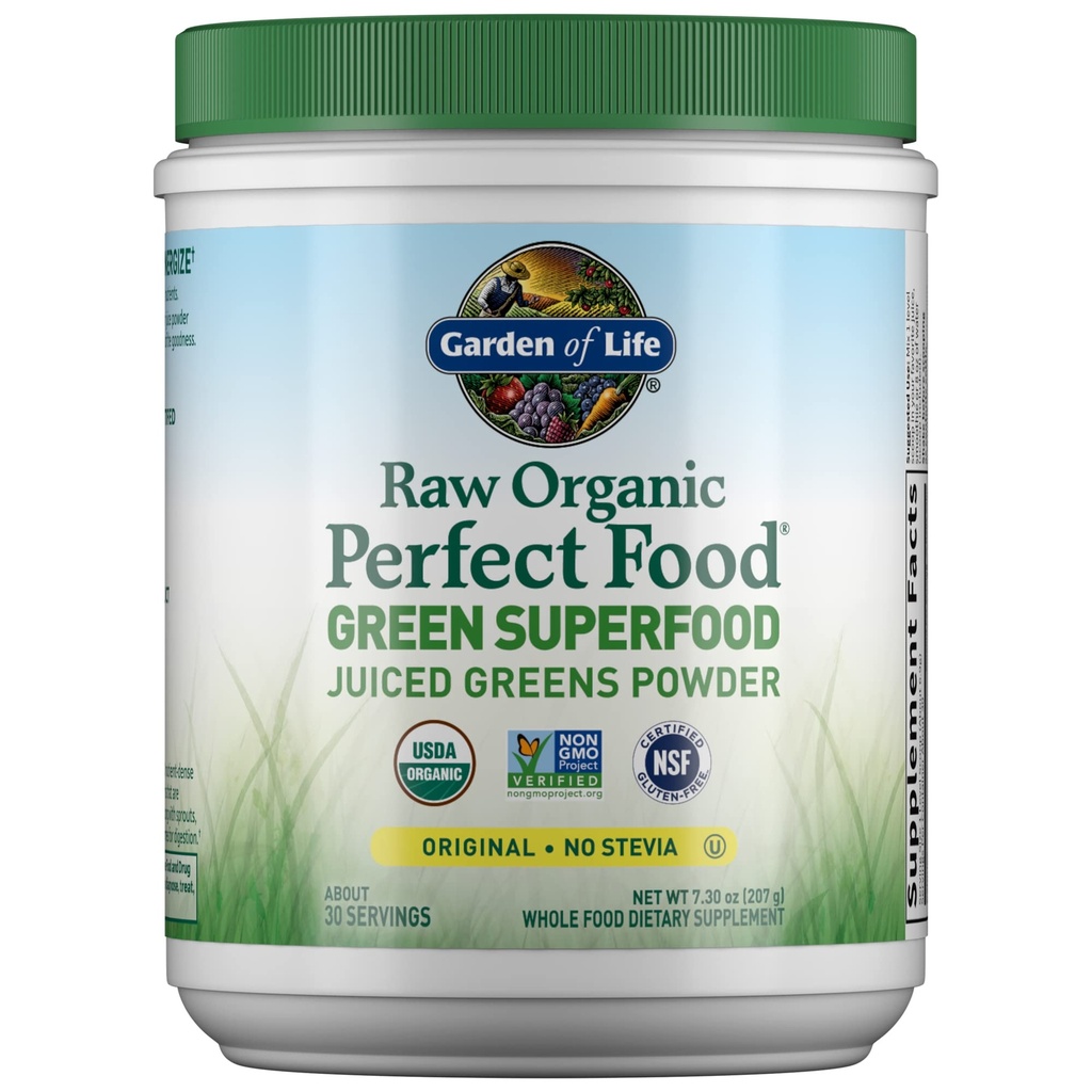 Jardim da vida Raw Organic Perfect Food Green Superfood Juiced Greens Powder - Original Stevia-Free, 30 Servings, Não-GMO, Gluten Free Whole Food Dietary Supplement, Alkalize, Detoxify, Energize