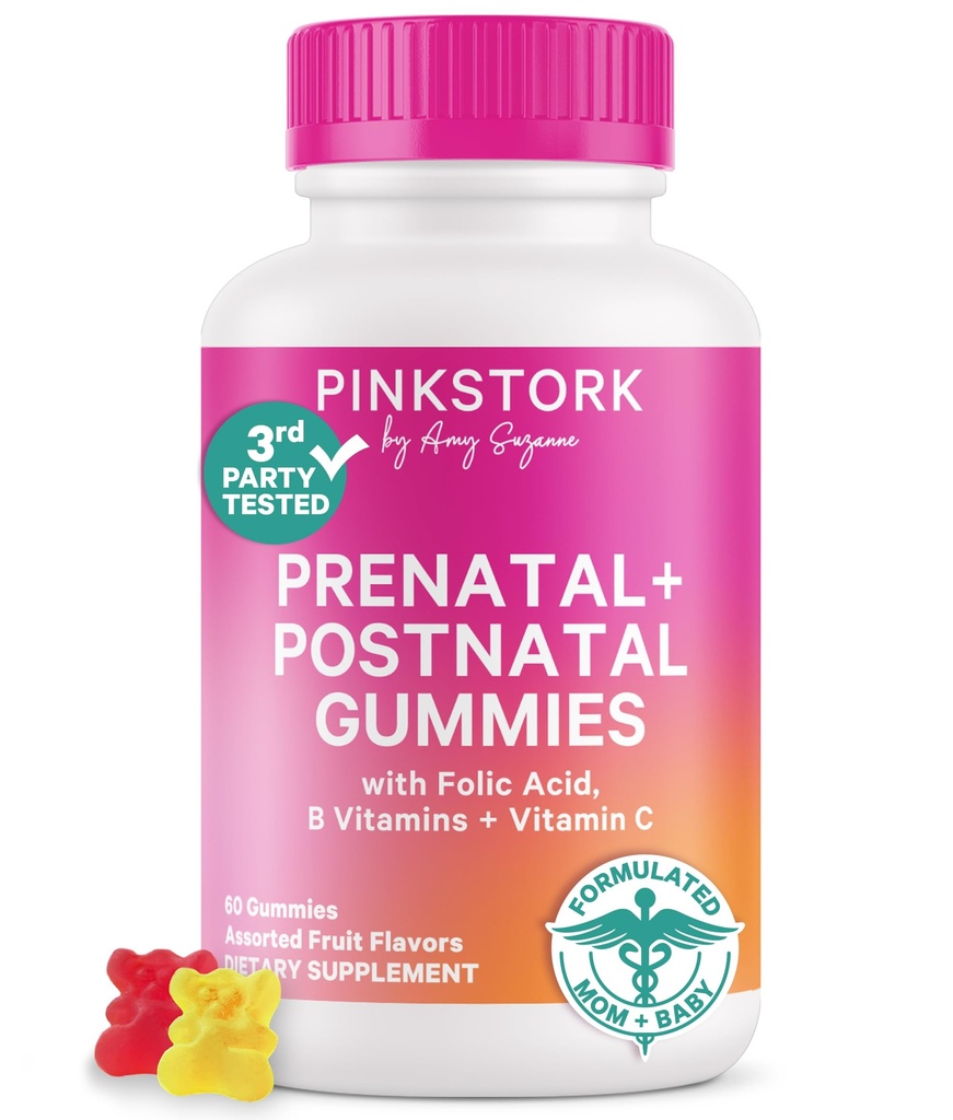 Fertilidade da Cegonha Rosa + Vitaminas Gummy pré-natais + pós-natais – Apoio à viagem de maternidade completa – Multivitamina com Folato, B Vitaminas, Zinco e Biotina – 60 Gummies de frutas variadas
