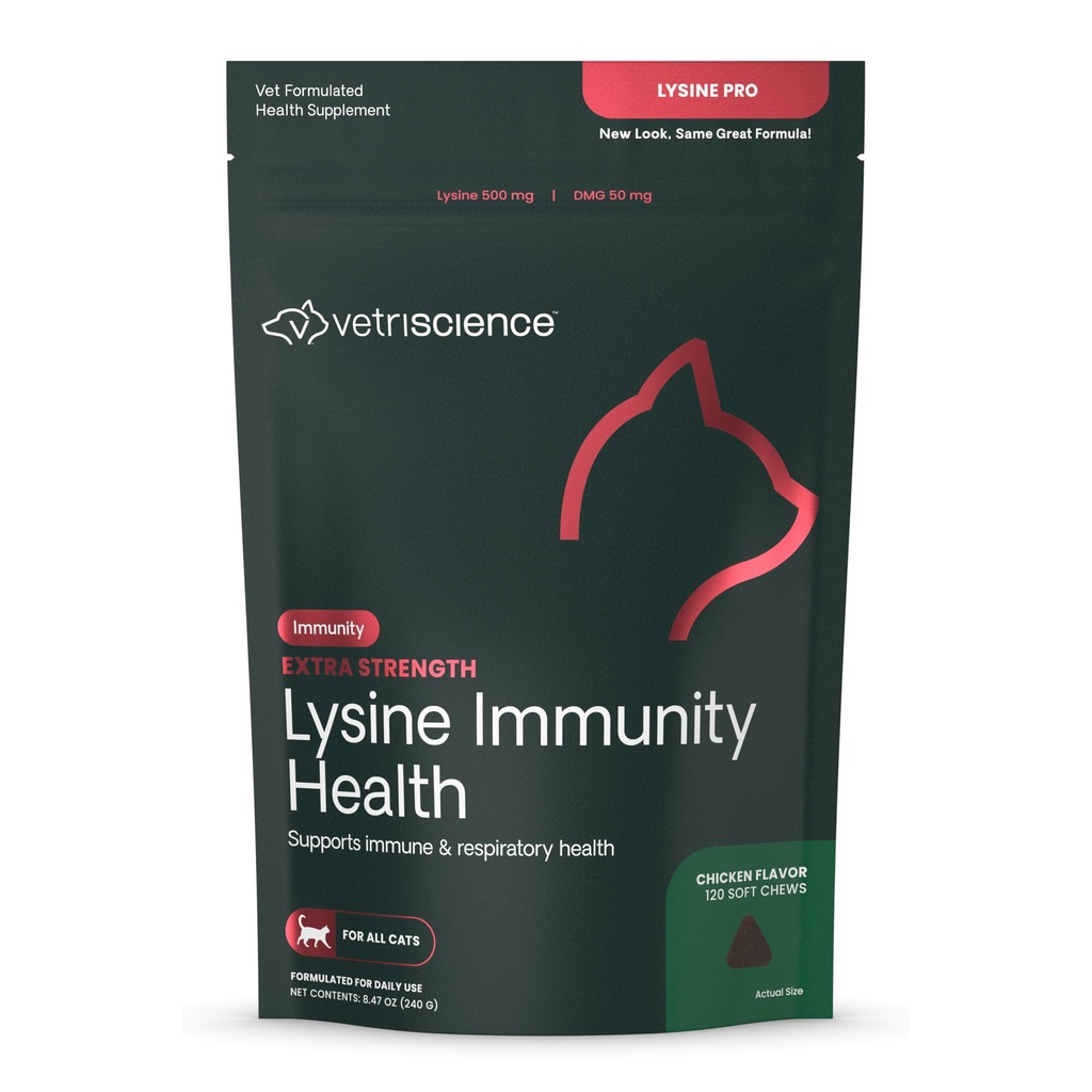 VETRISCIENCE Força extra Lisina Imunidade Saúde Mastiga - Imunidade Suplemento para Gatos de Todas as Idades - Suporta Função Imune, Saúde dos Olhos & Função Cardiovascular - 120 Contagem