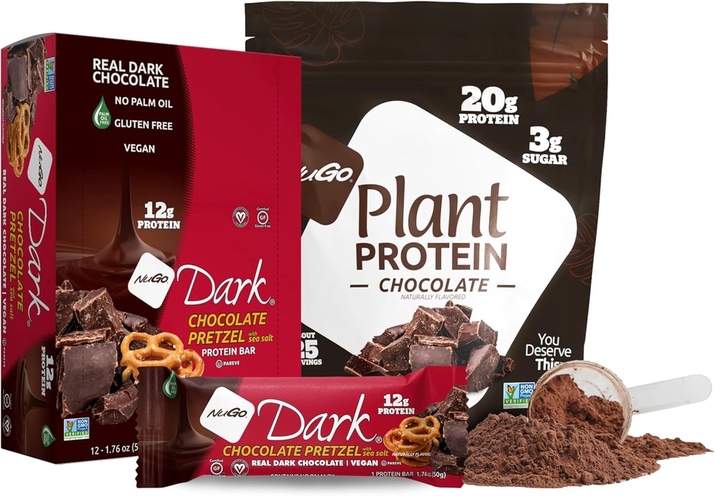 NuGo Chocolate preto Pretzel w/SS, 12g Proteína Vegan, Sem glúten, Kosher Pareve, Não-GMO, 12 Count and NuGo Protein Plant Powder, Chocolate, 20g Proteína, 3g Açúcar, 25 Servings