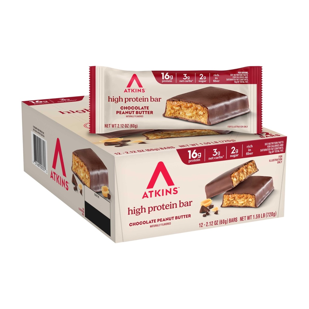 Atkins Chocolate Peanut Butter Protein Meal Bar, Alta Fibra, 16g Protein, Baixo Açúcar, 3g de Carb Net, Baixo Carb, Keto Friendly, 12 Contagem