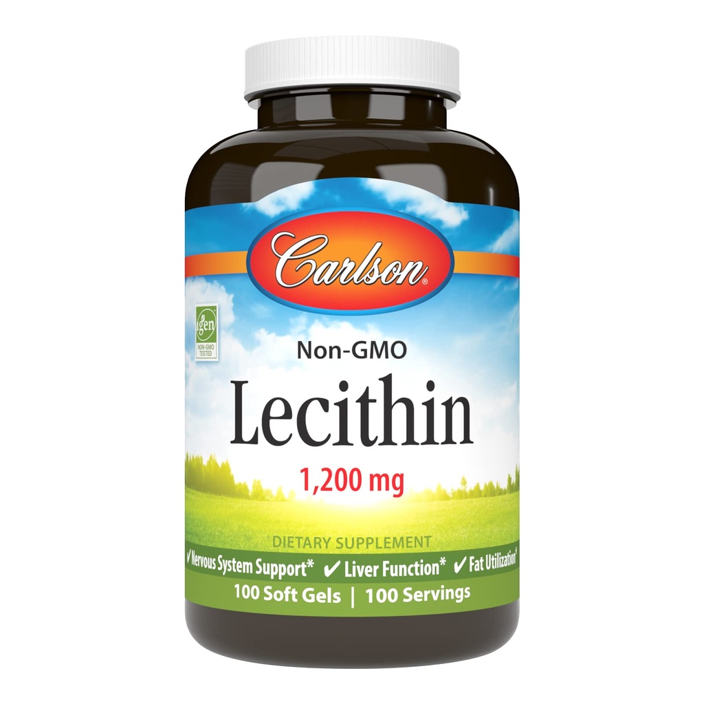 Carlson - Lecitina, Não-GMO, 1200 mg, Sistema Nervoso e Função Fígado, Lecitina de Soja crua, 100 Softgels