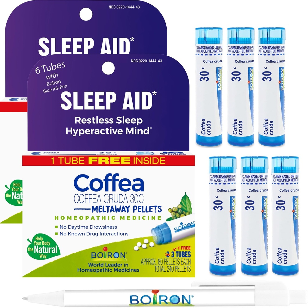 Boiron Coffea Cruda 30C - 6 Total Blue Tubes - Ajuda para o sono homeopático para sono inquieto, hiperatividade mental, pensamentos de corrida e dificuldade para dormir com caneta de tinta azul